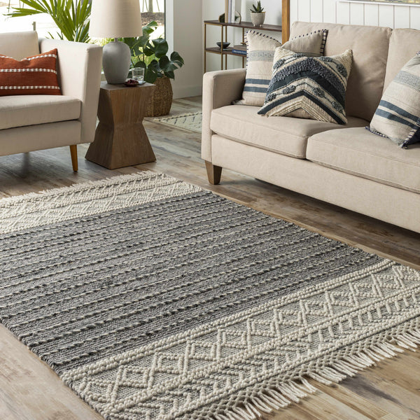 Charcoal Cream Arguvan Wool Blend Braided Tassel Area Rug - Clearance