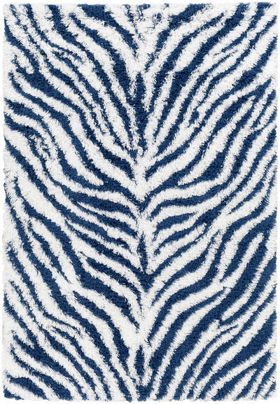 Chaim Blue Zebra Print Shag Area Rug