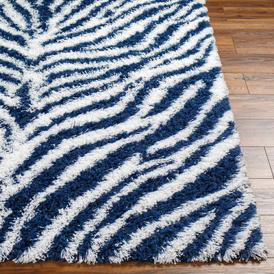 Chaim Blue Zebra Print Shag Area Rug