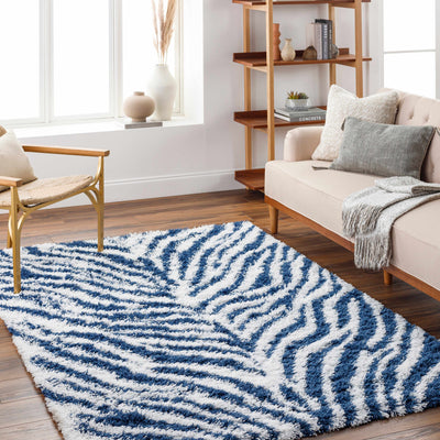 Chaim Blue Zebra Print Shag Area Rug