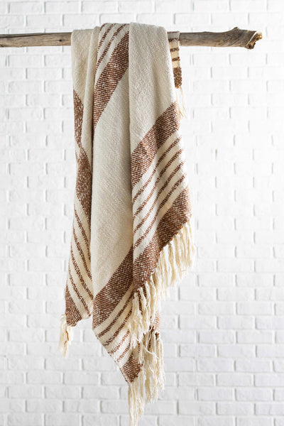 Cream and Brown Hand Woven Throw Blanket