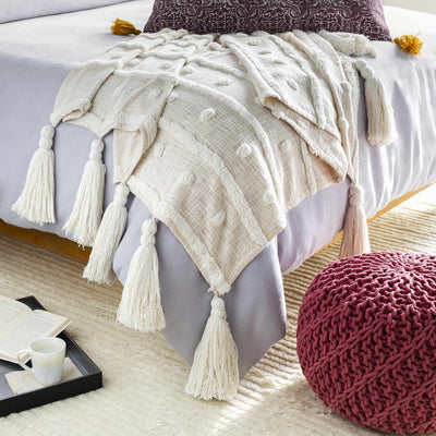 Beige Throw Blanket with big tassels - 50"x60"