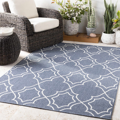 Unique Navy Blue Lattice Trellis Outdoor Rug - Clearance