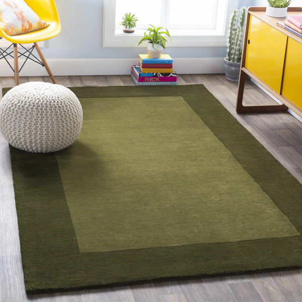 Bordered Solid Olive Green Wool Rug