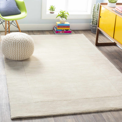 Bordered Solid Beige Cream Wool Rug