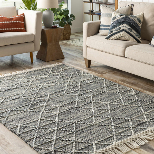 Charcoal Cream Sapadun Wool Blend Braided Tassel Area Rug - Clearance