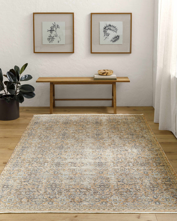 Margaret Damask Beige & Blue Washable Area Rug - Becki Owens x Livabliss