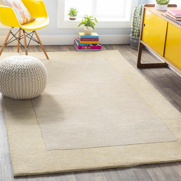 Bordered Solid Beige Wool Rug