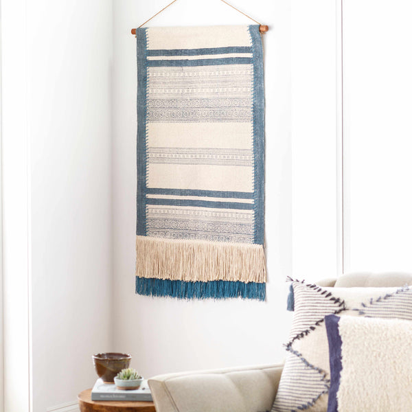 Aven Blue Striped Fringe Wall Hanging